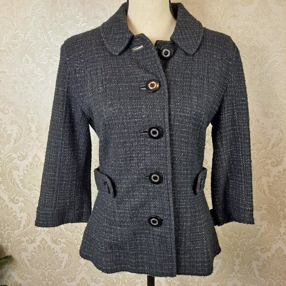 Tory Burch Size 6 Estella Tweed Blazer Black Silver Metallic Wool Blnd 3/4 Slv - Picture 1 of 14